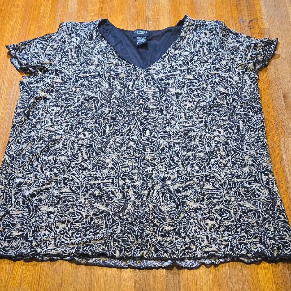 George Women 18W/20W Black White Tan Abstract V-Neck Short Sleeve Blouse